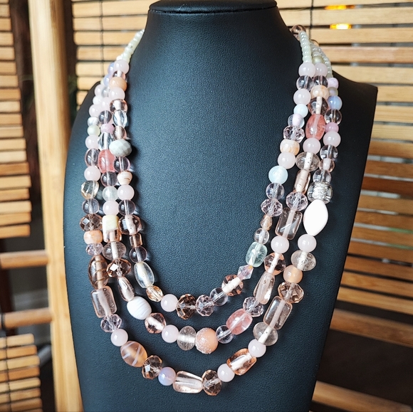 Triple Strand Vintage Art Glass Seed Bead Silver Tone Shepards Hook Necklace - Picture 1 of 6